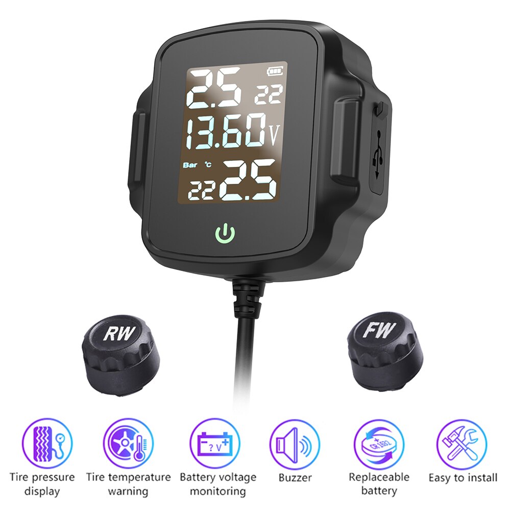 MotoAlarm System Motorcycle TPMS Motorbike Tire Pressure Monitoring System Tyre Temperature Alarm System with QC 3.0USB Charger