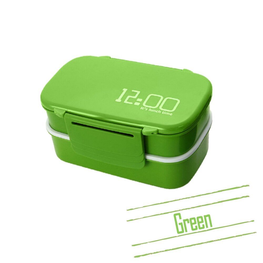 2 Layer Large Capacity 1400ML Plastic Lunch Boxes for Kids with Fork Spoon Microwave Oven Box Food Container Kitchen Tools: Green