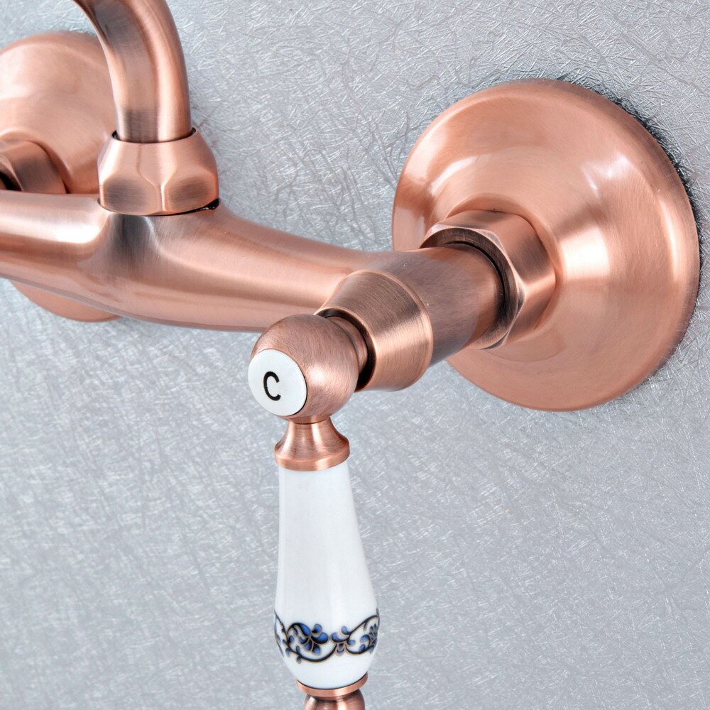 Grifo de cocina de cobre rojo antiguo para baño, mezclador, montado en la pared, doble manija, grifos fríos y calientes, zsf892