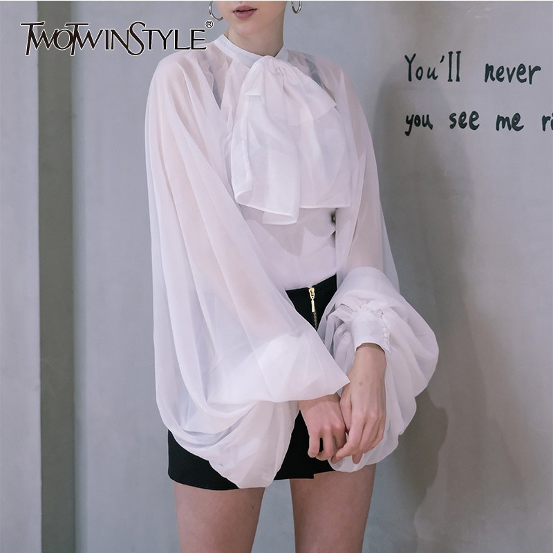 TWOTWINSTYLE perspectiva camisas blusa mujer linterna manga Bowknot encaje blusa Tops mujer ropa nueva