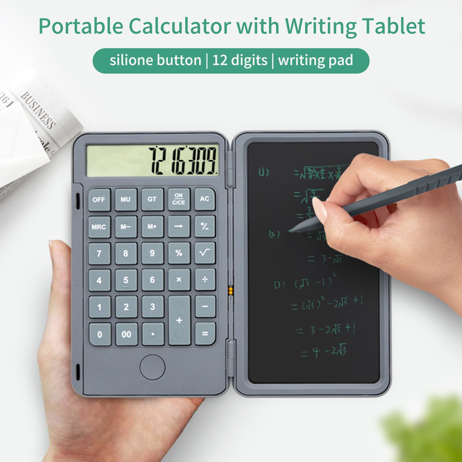 Calculator with 6inch Writing Tablet Portable Foldable Smart Erasable LCD Graphics Board Desktop Calculators 12 Digit Display