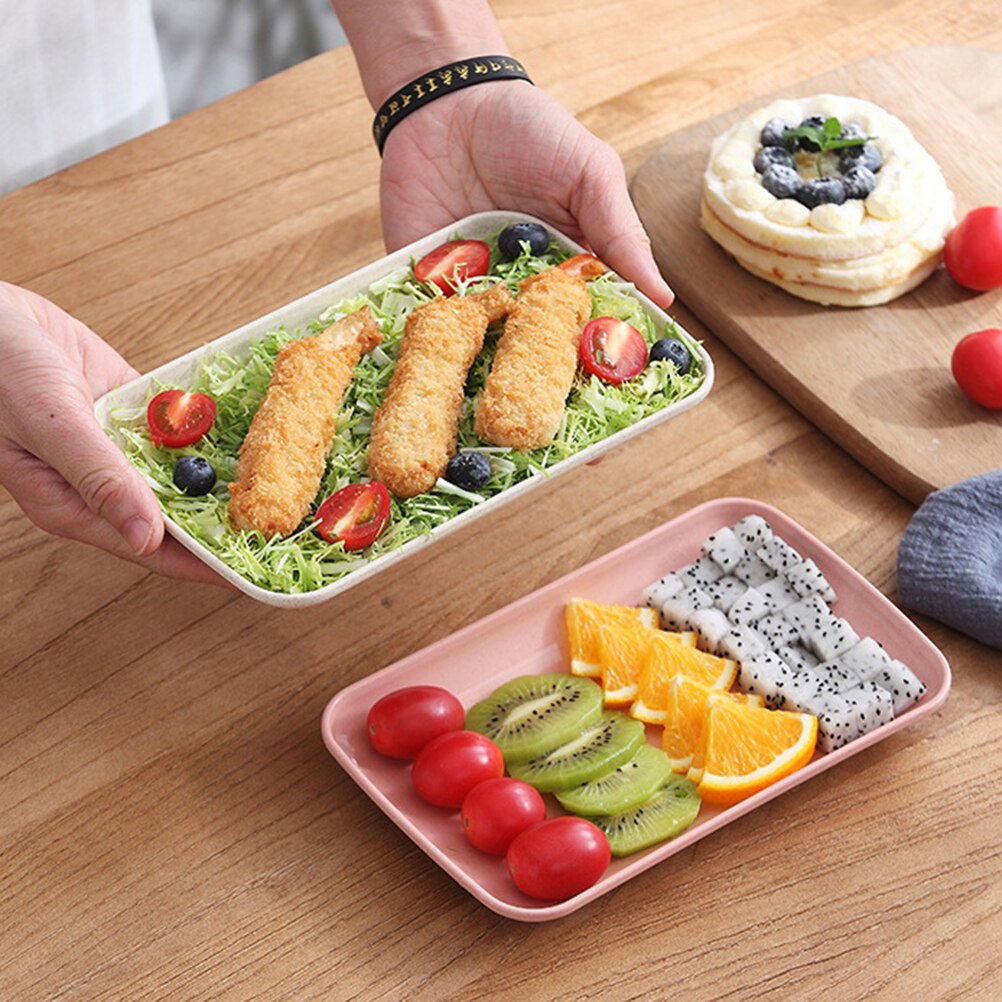 4pcs Wheat Straw Rectangular Dinner Plate Dessert Sushi Pasta Plate Dishes Microwave Oven Available Kitchen Tableware