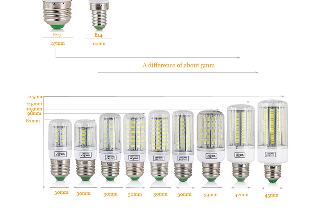 Led-lampa  e27 e14 smd 5730 led-lampa 24 30 42 64 80 89 165 led-lampor majslampor ljuskronalampor för hemmet 220v