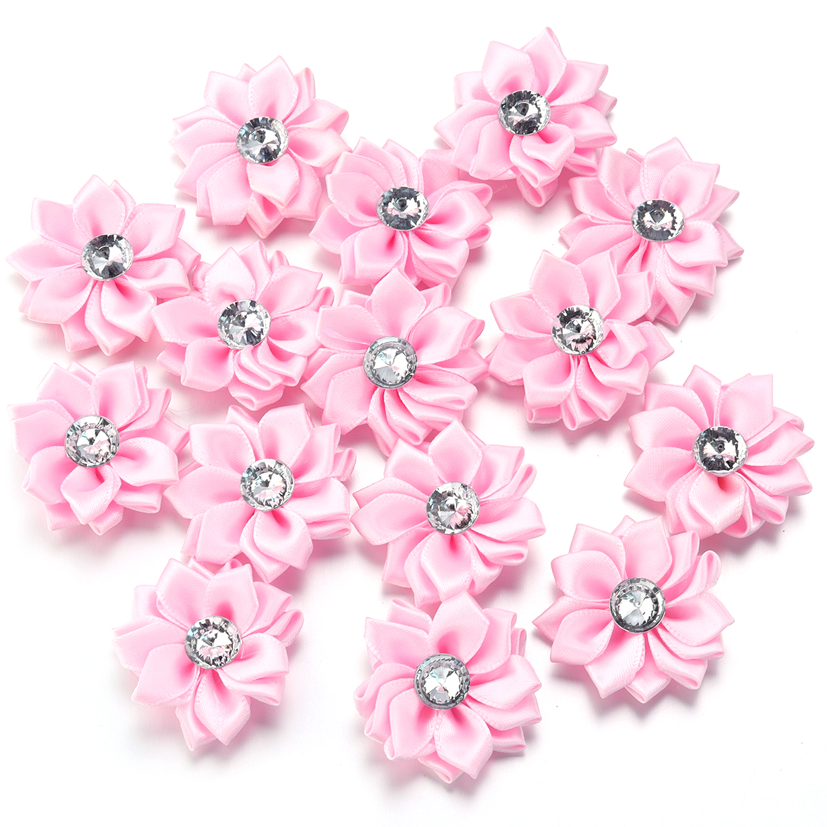 20Pcs/lot Mini Satin Ribbon Flowers 4cm Multicolor Rhinestones Handmade Flower for DIY Hair Clip Clothing Decoration Accessories: Transparent