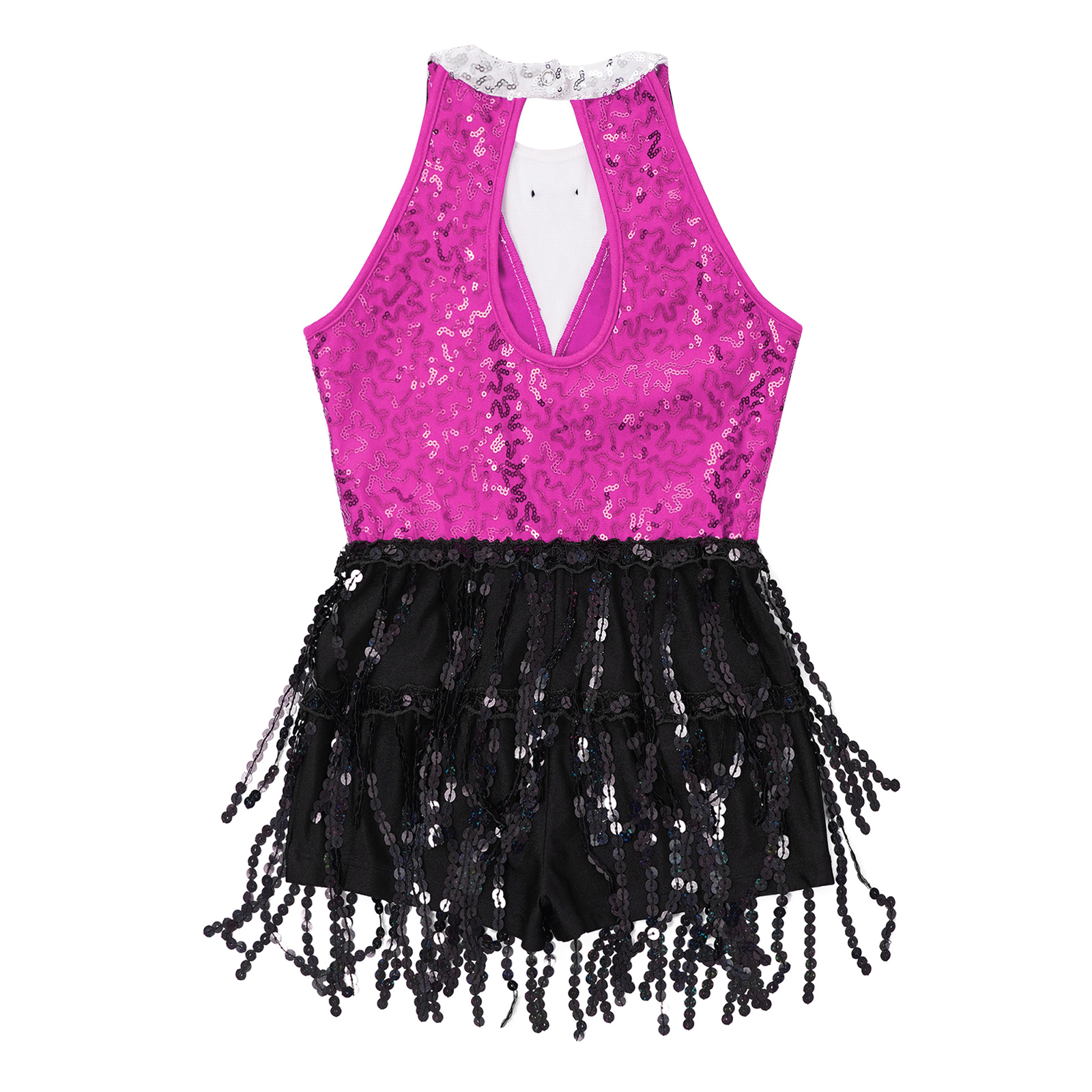 Children Girls Latin Jazz Dance Cha-cha Samba Stage Performance Costume Sleeveless Shiny Sequin Tassel Boyshorts Dress Dancewear