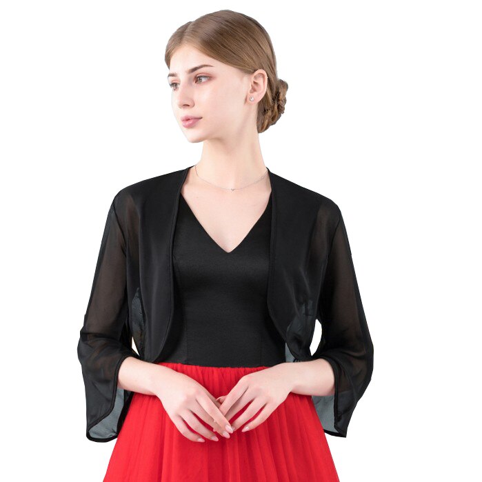 Champagner verrotten schwarz rosa grau Hochzeit Jacken wickelt Chiffon zucken Braut Bolero Jacke Mantel 3/4 Länge kappe Hülse Frauen Belero: Schwarz