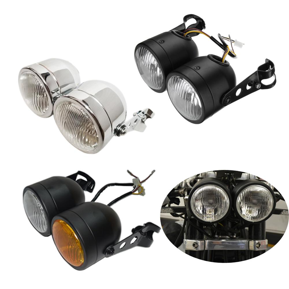 Universal Motorcycle Front Double Twin Round Headlight HeadLamp with Mounting Bracket Motorcycle Double Headlight