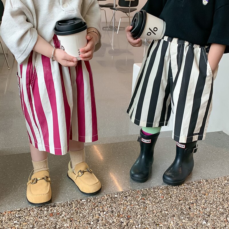 Kids Zomer Verticale Streep Losse Kalf Lengte Broek Jongens En Meisjes Katoen Alle-Match Wijde Pijpen Midden Broek