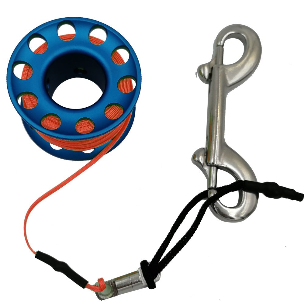 Scuba Diving Spool Finger Reel Bolt Snap Hook Aluminum Alloy Free Diving Spool Dive Reel: Blue 15M Orange Line