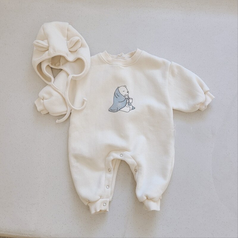 herbst Neue Baby-Karosserie Niedlichen Bären Druck Gesamt Für Kleinkind Mädchen Kleidung Kleinkind Langarm Onesie + Hütte