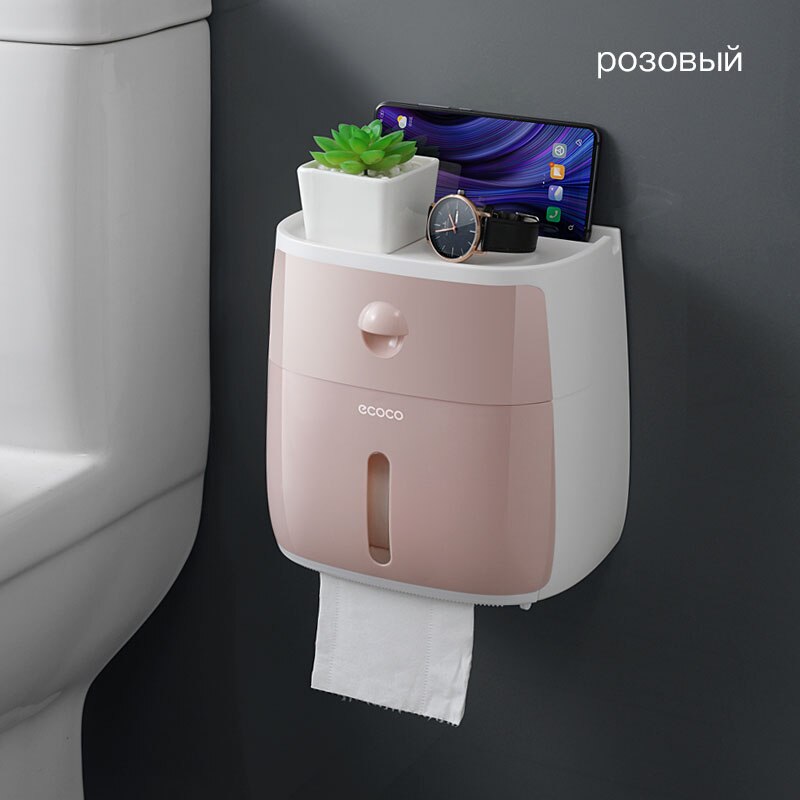Toilet Paper Storage Box Rack Waterproof Wall-Mounted Toilet Paper Tray Roll Paper Tube Storage Tissue Box Rack Bathroom Supplie: Pink