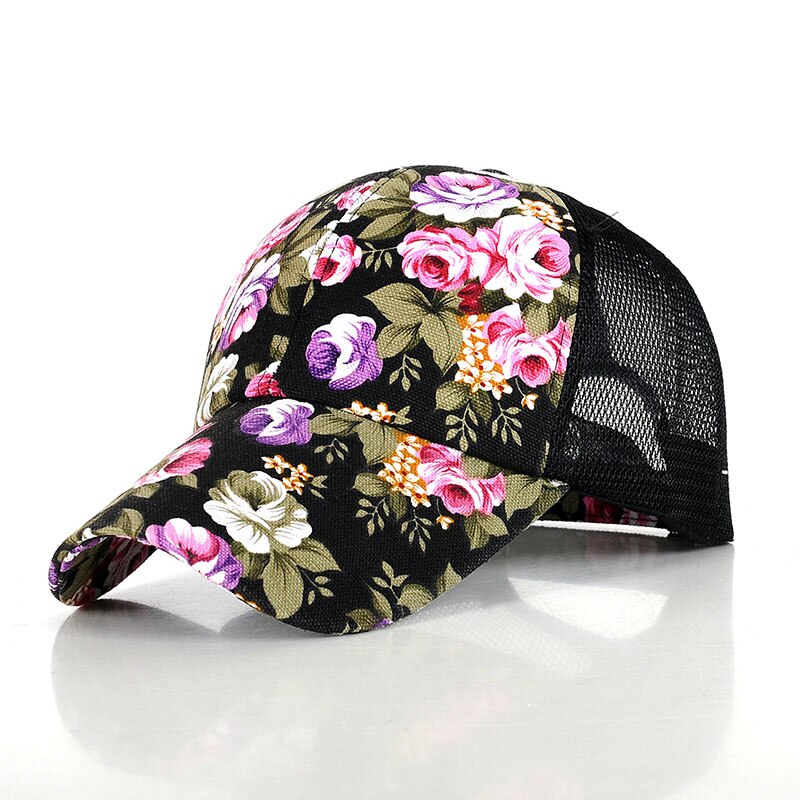 Floral Snapback Hats for Women Summer Breathable Mesh Baseball Caps Gorras Adjustable Girls Sun Trucker Hat: black
