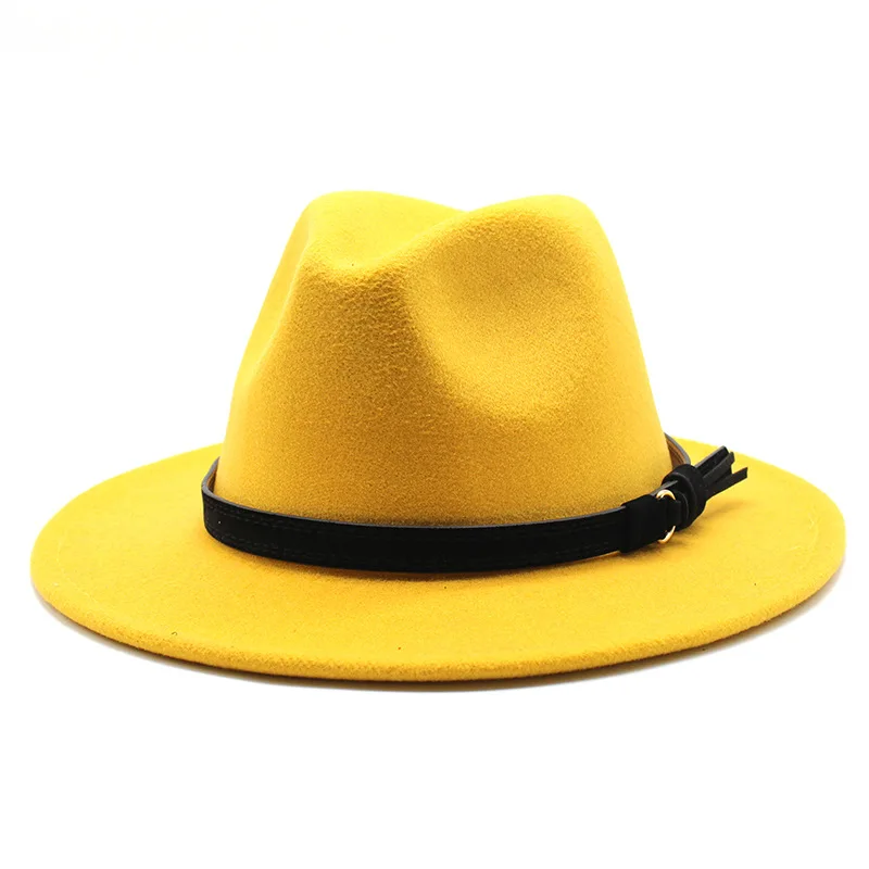 Sombrero Fedora de fieltro Gangster Trilby, gorras de Jazz de ala ancha europea americana, sombrero de boda blanco de lana para hombres y mujeres, 56-58-61CM: M / YELLOW