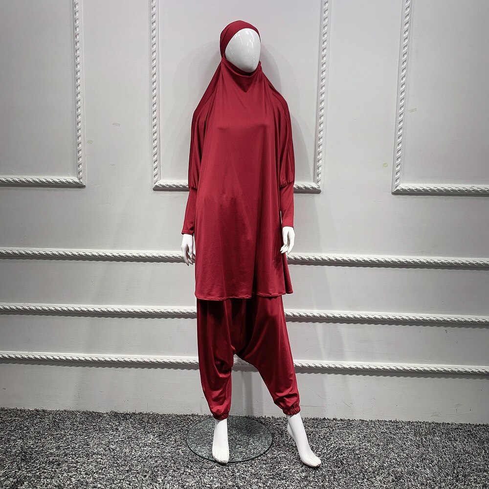 2 sztuka zestaw modlitwa odzież pełna pokrywa sukienka Abaya Eid Ramadan muzułmański islamski długi Khimar Jilbab szaty kobiety workowate spodnie haremki: Burgundy
