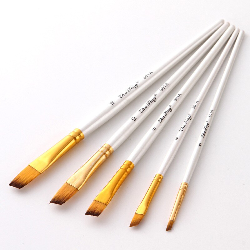 Pincel de nailon para pintura acrílica Gouache, suministros de arte, punta plana, tubo dorado, blanco, 5 unids/paquete