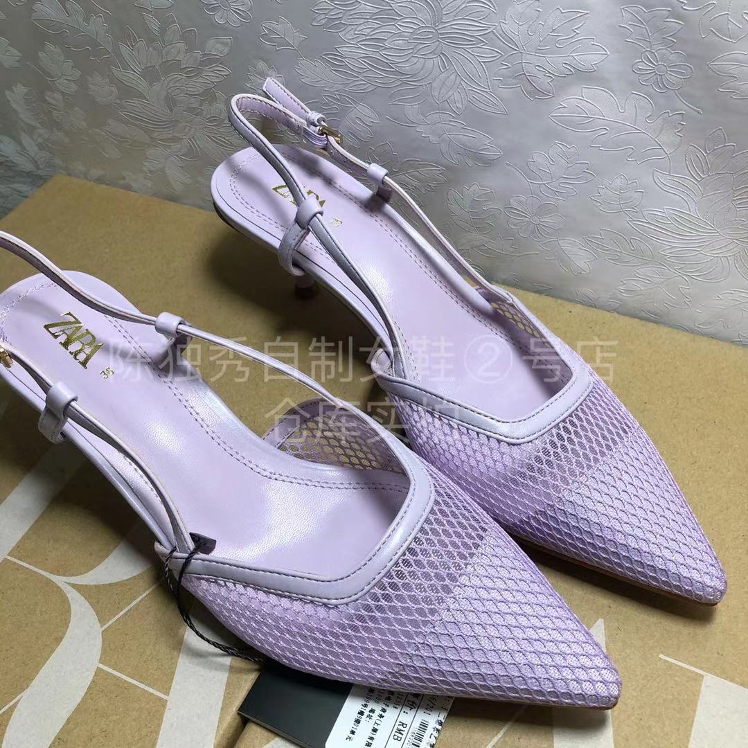 Sandalias de tacón alto de gato para mujer, zapatillas con puntera en la espalda y tacón fino con correa, color morado: 40