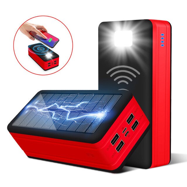 Banco de energía Solar inalámbrico, cargador de teléfono portátil de 99000mAh, 4USB, batería externa de gran capacidad para exteriores, para IPhone, Samsung y Xiaomi: wireless Red