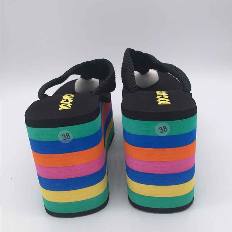 Superhög klack dam flip flops sandaler tofflor tjock botten plattform sluttning strand kvinnlig regnbåge slides skor