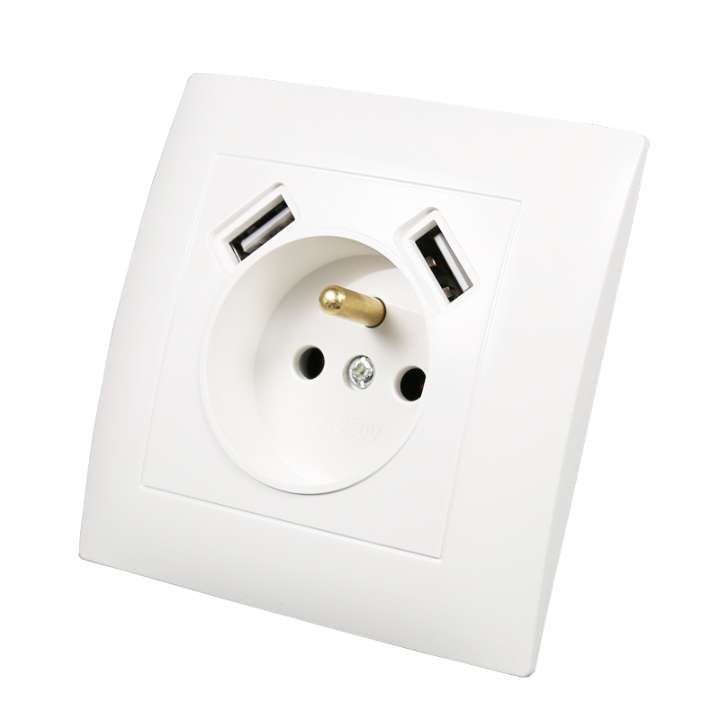 USB Wall French Socket Double USB Port 5V 2A USB LC-19 One Socket White With Ground Wall Electronic Socket: Double USB