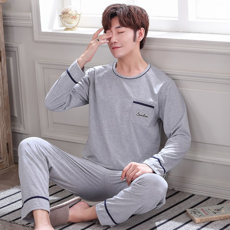 Autumn Winter Knitted Cotton Gray Men&#39;s Pyjamas Solid Pajamas Set Casual Male Sleepwear Pyjamas Night Pijama Hombre 4XL Homewear