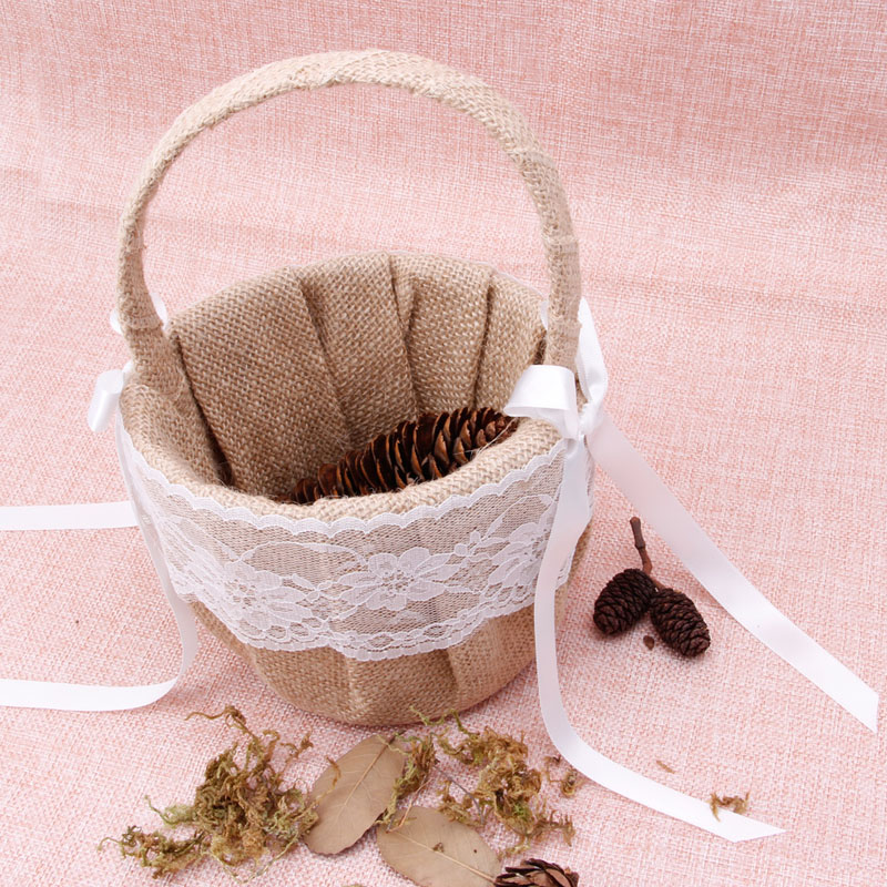 Romantische Strik Jute Satin Wedding Ceremony Party Rose Bloem Meisje Mand