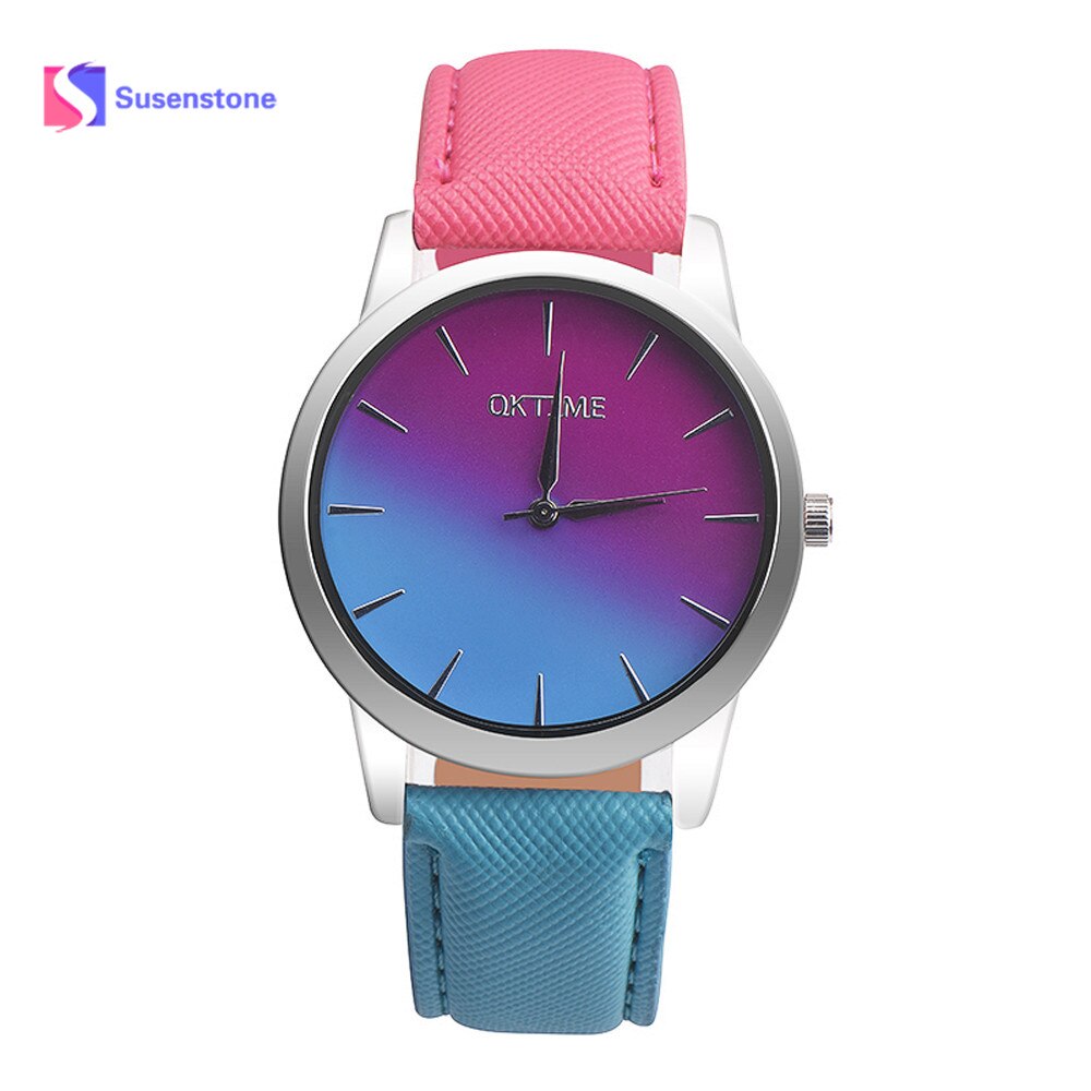 Retro Stijl Regenboog Minnaar Horloge Zachte Effen Trend Lederen Band Analoge Dames Casual Alloy Quartz horloge