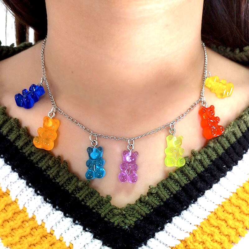 Regenboog Leuke Jelly Beer Gummy Kettingen Voor Vrouwen Meisjes Punk Hip Hop Hars Rvs Ketting Kettingen Accessoires