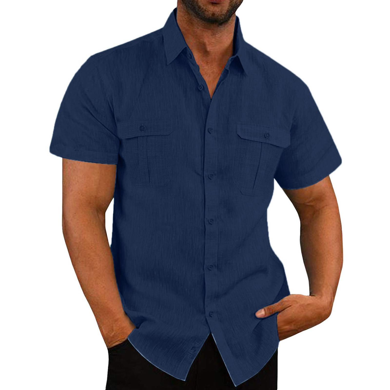 Bomull linne herr kortärmade skjortor sommar enfärgade ståkrage avslappnad strandstil plus size herrskjortor m -5xl: Xxl / Guld-