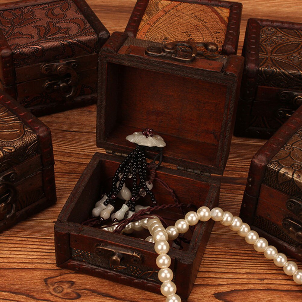 Vintage Small Wood Flower Coin Pattern Box Jewelry Bracelet Storage Holder Makeup Organizer Box Jewelry Treasure Chest Case