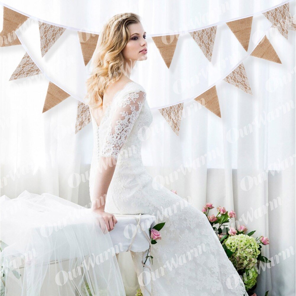 OurWarm 3m Wedding Banner Background Party Photography Props Decoration 12*16*16cm Burlap Lace Bunting Banner 13 Flags