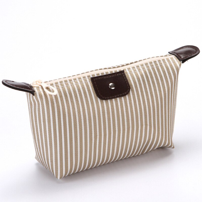 Foldable Stripes Women Travel Toiletry Make Up Cosmetic pouch bag Clutch Handbag Purses Case Makeup Bag Organizer: Beige