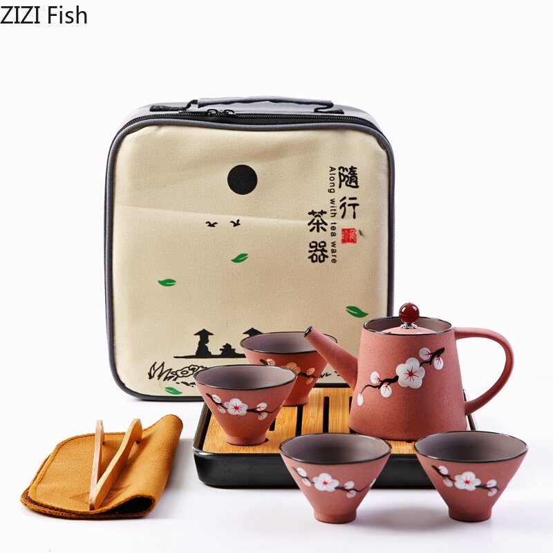 Japanse Stijl Mini Thee Set Draagbare Reizen Kung Fu Thee Set Een Pot En Vier Kopjes Met Lade Keramische Theekopje maak Theepot