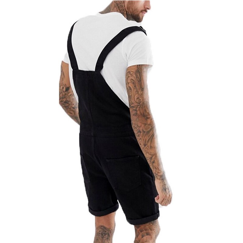 MoneRffi Summer Men Blue Black Short Jeans Overalls Hip Hop Ripped jeans Short jumpsuit Denim Suspender Pants