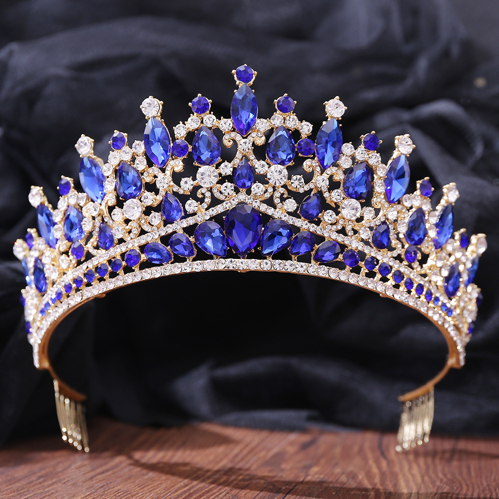 Barokke blauwgroene opaal bruiloft kroon met kam kristal koninklijke koningin bruids tiara's grote strass optocht diadeem hoofdaccessoires: Silver Plated