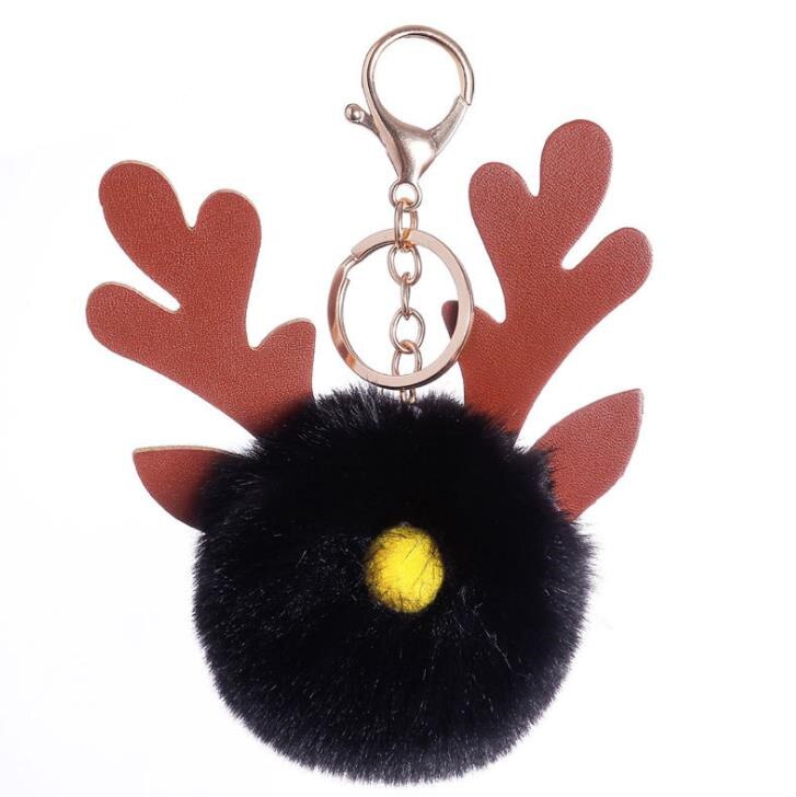 Noël flou Caribou corne cheveux boule porte-clés dessin animé Elk jouet pour femmes fille fausse fourrure boule sac à main porte-clés: black