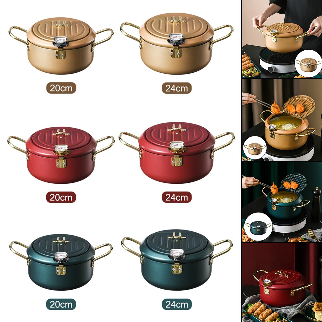 Round Japanese Style Deep Frying Pot Tempura Fryer Pan with Thermometer for Fried Chickens