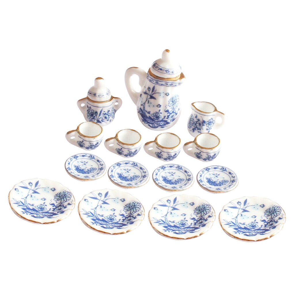 15pcs Dolls House Miniature China Ceramic Porcelain Coffee Tea Set 1/12 Scale: Set 2
