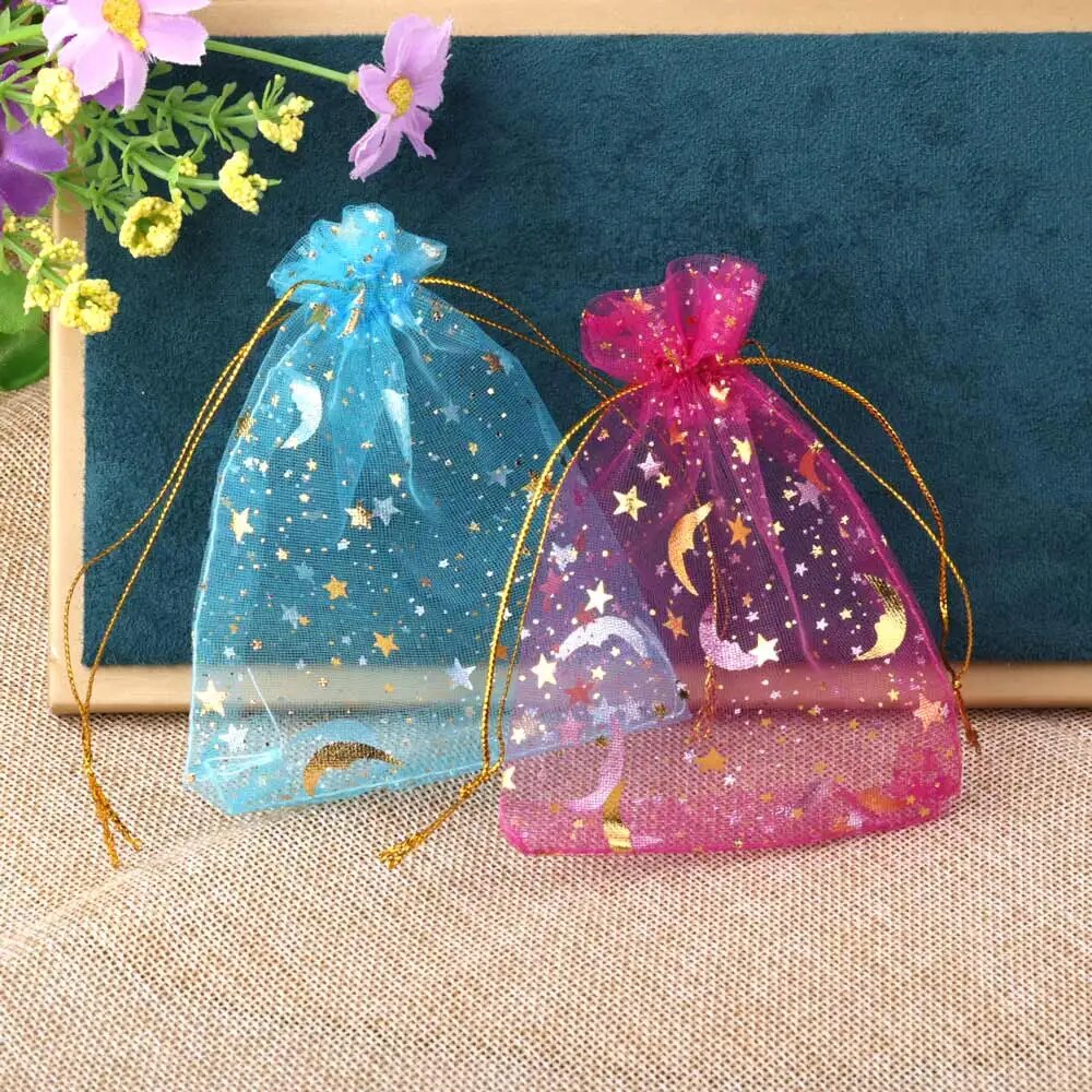 Sac en organza lune et étoile, pocommuniste multicolores pour fête de mariage, sac à bonbons, emballage de bijoux, 7x9 cm, 9x12 cm, 10x15cm, 50 pièces par lot