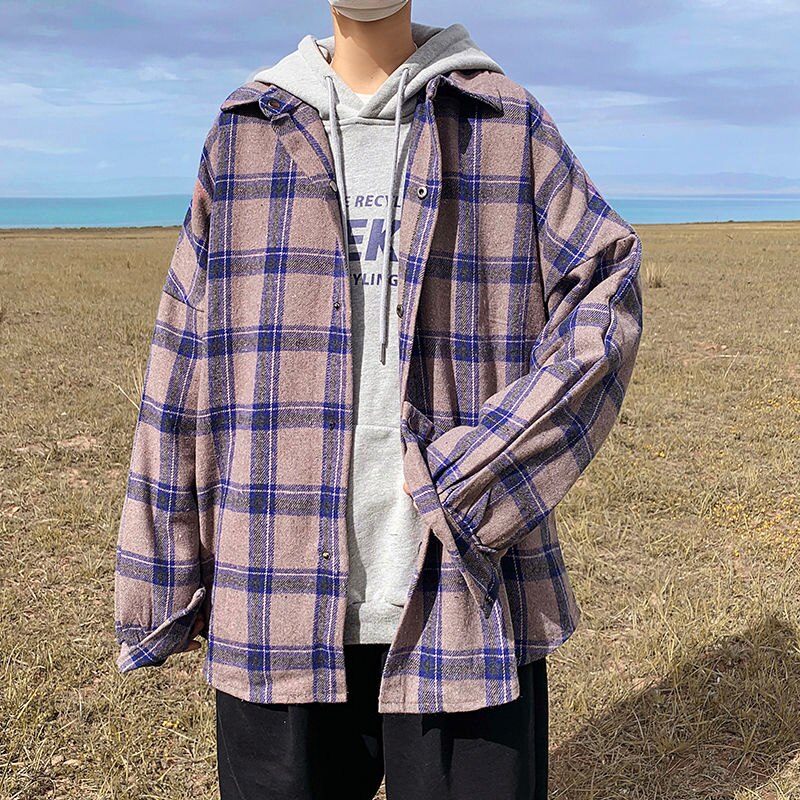 Ylleskjorta herr retro casual yllejacka herr streetwear lös kort yllerock herr tjock långärmad skjorta: Blå / M