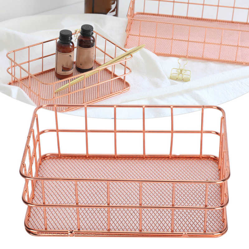Schreibtisch Lagerung Korb Rose Gold Metall Netz Obst Kleidung Tisch Organisation Storaging hause büro lagerung