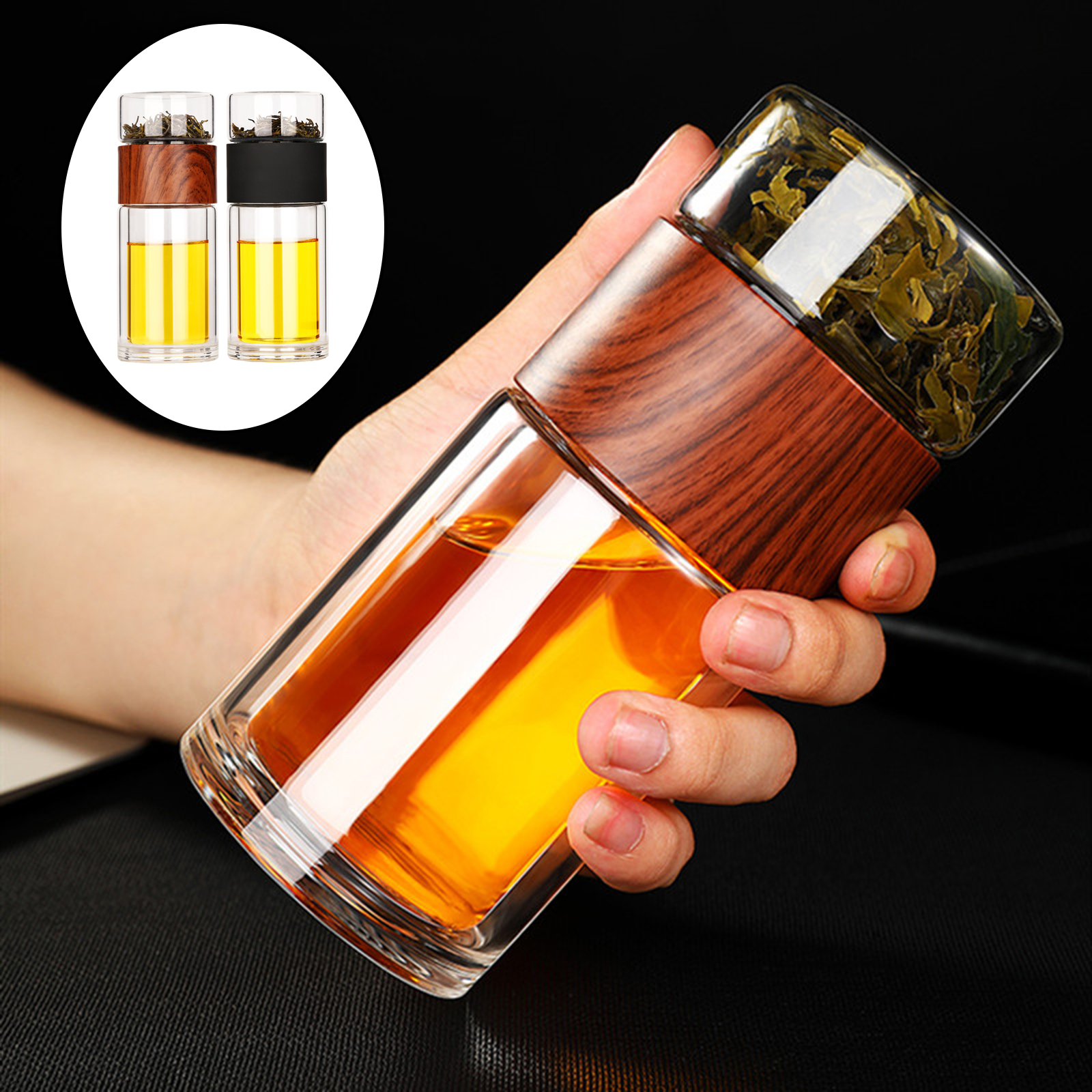 Botella de vidrio para infusiones, vaso de viaje portátil de doble pared con malla de acero inoxidable a prueba de fugas para hojas sueltas