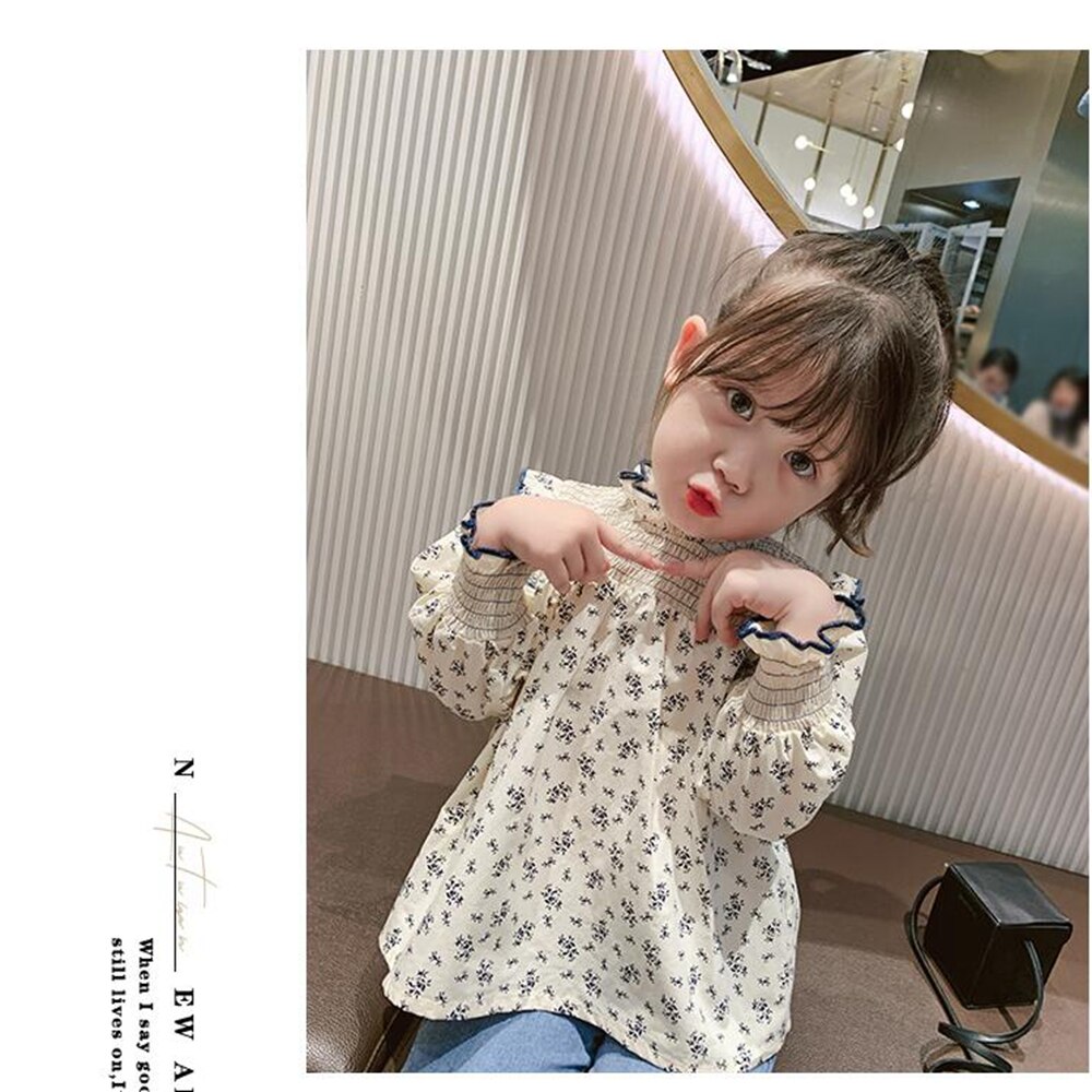 Ropa de manga larga para niñas pequeñas, Blusa de flores de primavera, camisas florales fruncidas, Top de estilo coreano