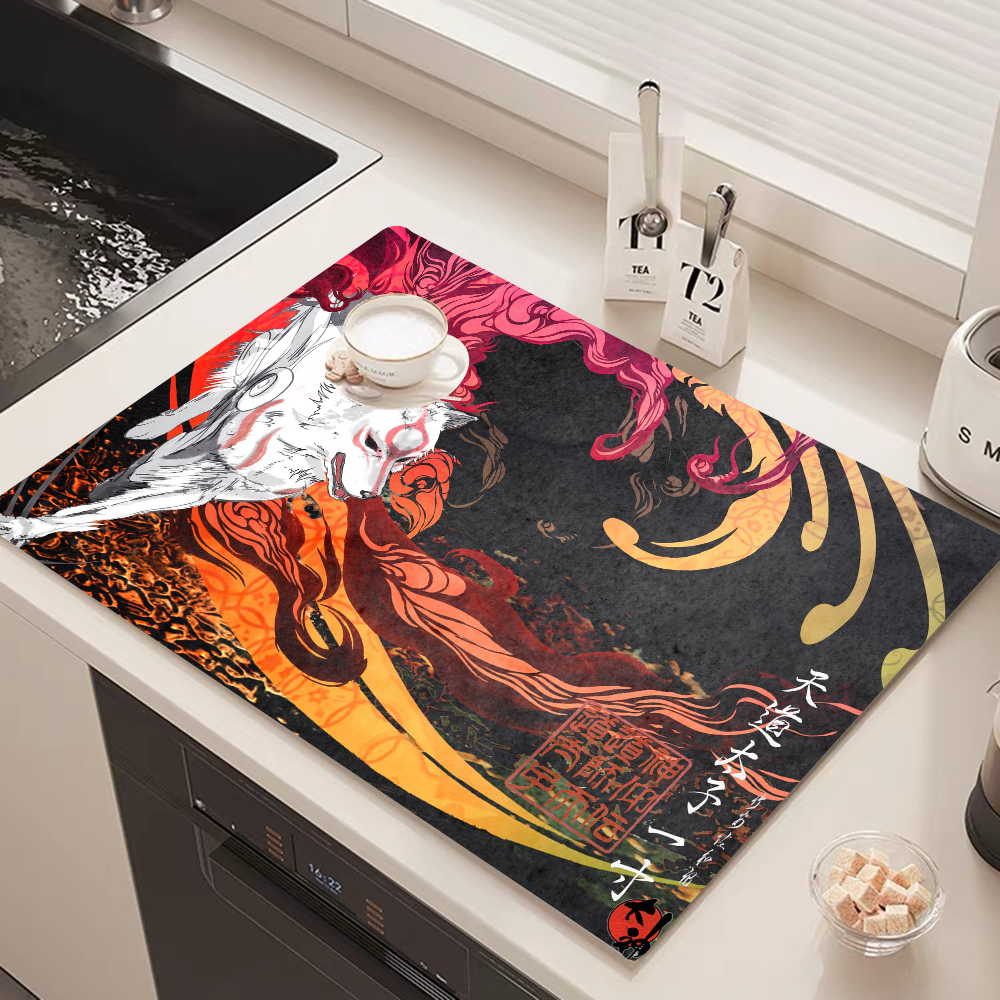 Jeu vidéo Okami Japanese Culture Kitchen Proximity Ining Polymers, Non-ald Drain Dish Mats, Coffee Pad, Heat Degree Napperon, Dinnerware: 40x120 cm / green