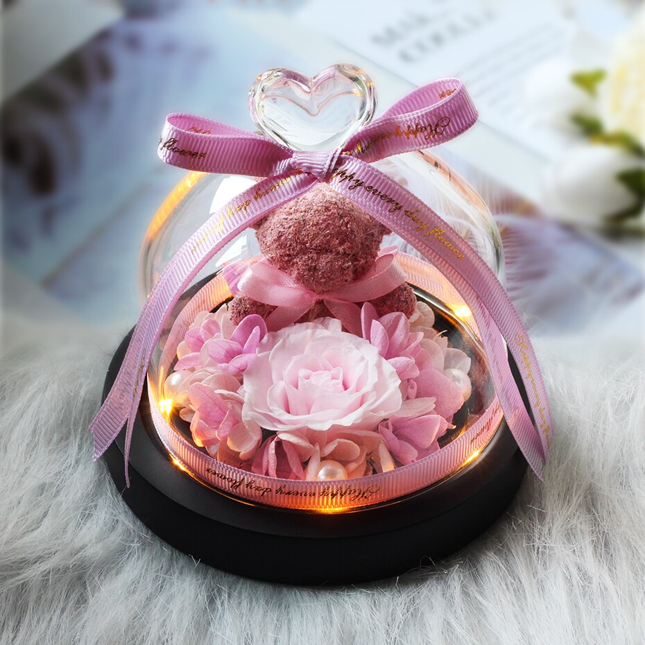 Getrocknete Blumen Ornamente Erhalten Rosen Bears in Glas Abdeckung mit Lichter Hochzeit Weihnachten Neue Jahr Wohnkultur für Mädchen: B30