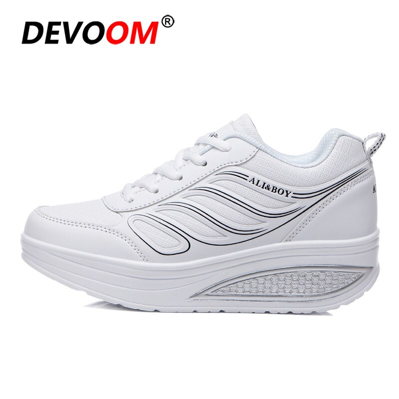 Swing Toning Shoes Women weight loss Platform Fitness Shoes Ladies Leather Sport Platform Wedge Slimming Shoes Sneakers Women: White / 7