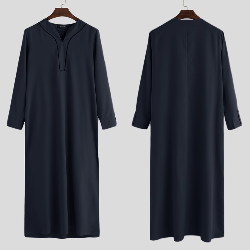 INCERUN męskie ubrania muzułmańskie Jubba Thobe z długim rękawem V Neck Casual Arabia saudyjska mężczyźni szaty Abaya dubaj Thobe arabski islamski Kaftan: Navy / L