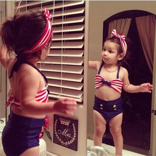 Crianças quentes bebê menina listrado bikini 2 pçs conjunto + bandana listrado halter maiô bonito doce beachwear maiô novo 0-4y