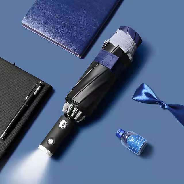 Umbrella Women's Automatic Umbrella Male LED Automatic With Reflective Stripe 3-Folding Inverted 10 Ribs UV Umbrellas: UV-Automati-LED-Blue