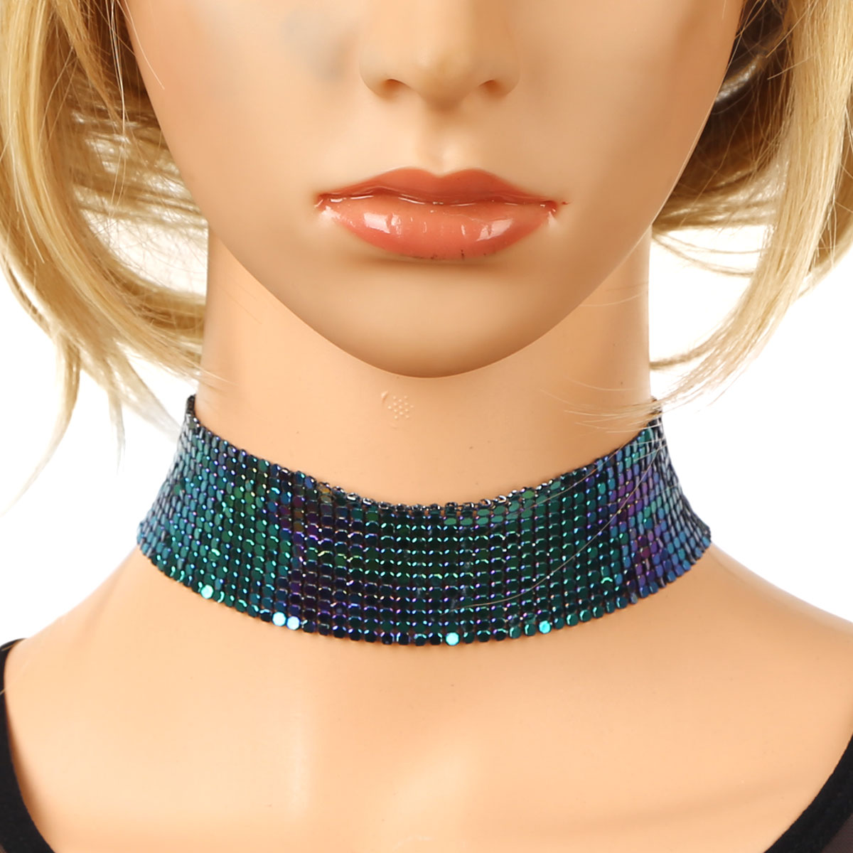 Women Girls Glitter Shiny Choker Necklace Steampunk Mesh Metal Chain Collar Necklace Prom Party Club Gothic Accessories Costume