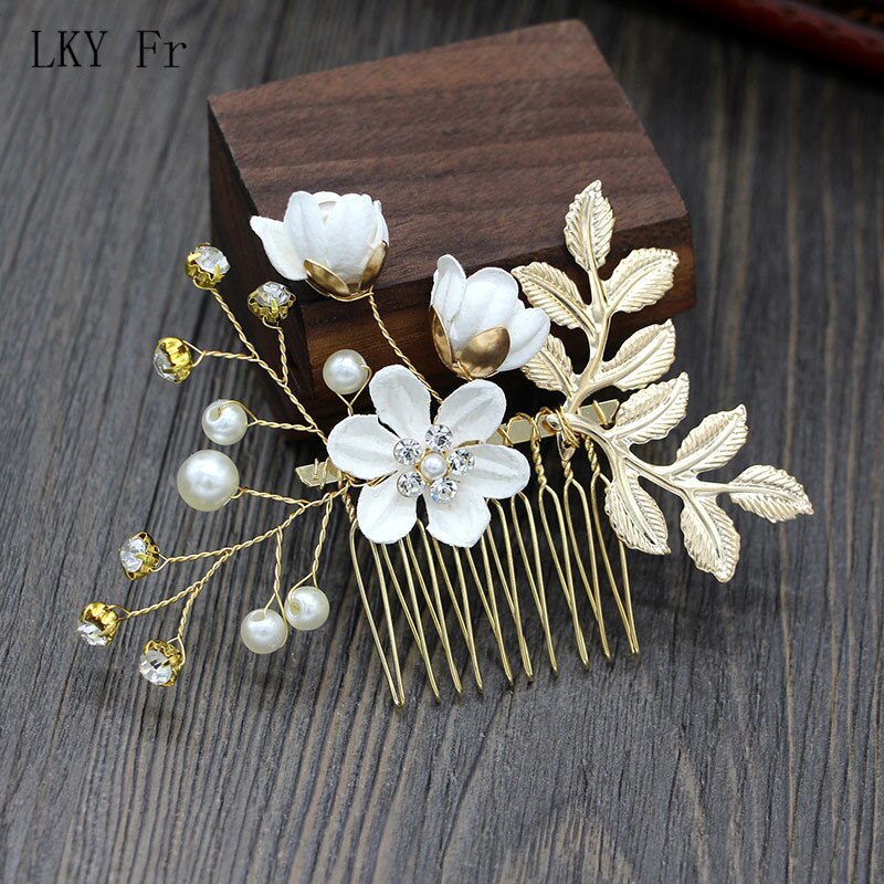 Lky fr bryllup hår tilbehør brude hovedbeklædning kamme guld blade brud hovedbeklædning perle hårnål blomster brud bryllup dekoration